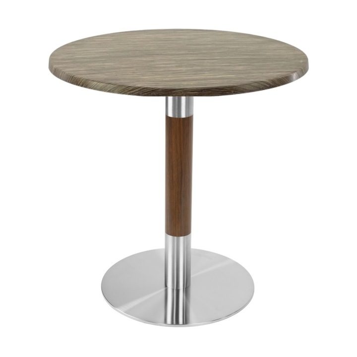 Masa pentru bistro rotunda Raki Dark Seagrass, D60xh74cm, blat werzalit si picior metalic cu baza rotunda argintiu cu accente aspect lemn