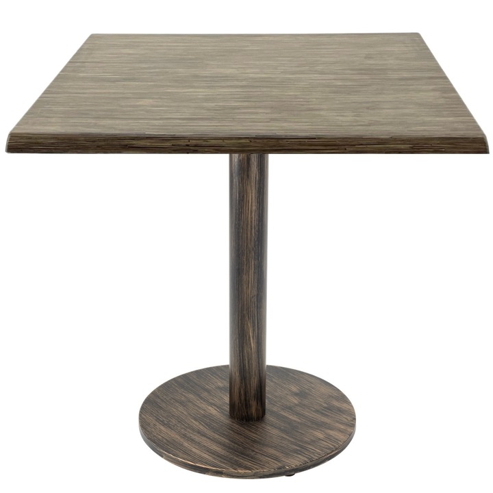 Masa de restaurant patrata Raki Dark Seagrass, 80x80xh74cm, blat werzalit si picior metalic cu baza rotunda aspect vintage bronz antichizat