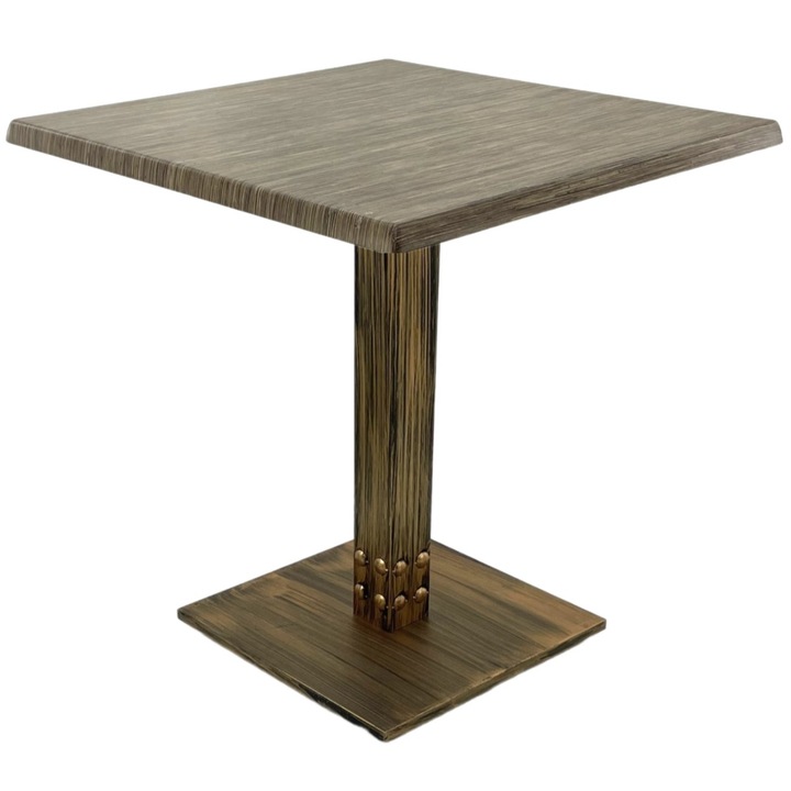Masa de restaurant patrata Raki Dark Seagrass, 80x80xh74cm, blat werzalit si picior metalic cu baza patrata aspect vintage bronz antichizat