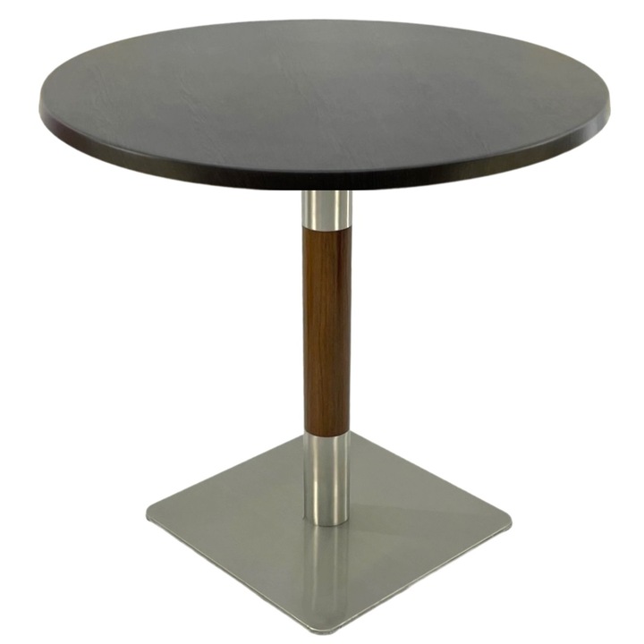 Masa restaurant interior/exterior rotunda Raki New Wenge, D80xh74cm, blat werzalit si picior metalic cu baza patrata argintiu cu accente aspect lemn