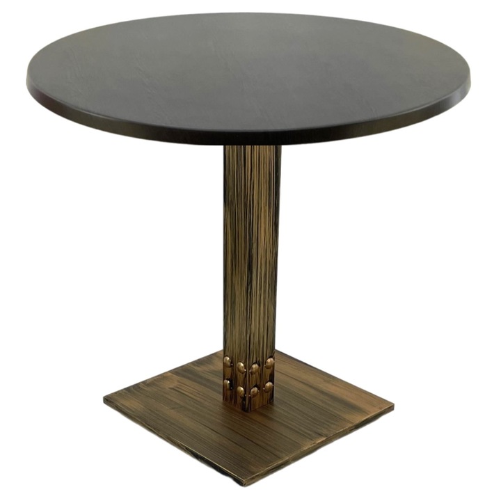 Masa restaurant interior/exterior rotunda Raki New Wenge, D80xh74cm, blat werzalit si picior metalic cu baza patrata aspect vintage bronz antichizat