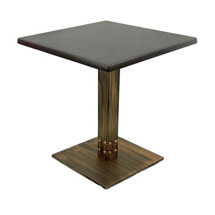 Masa cafenea interior/exterior patrata Raki New Wenge, 70x70xh74cm, blat werzalit si picior metalic cu baza patrata aspect vintage bronz antichizat