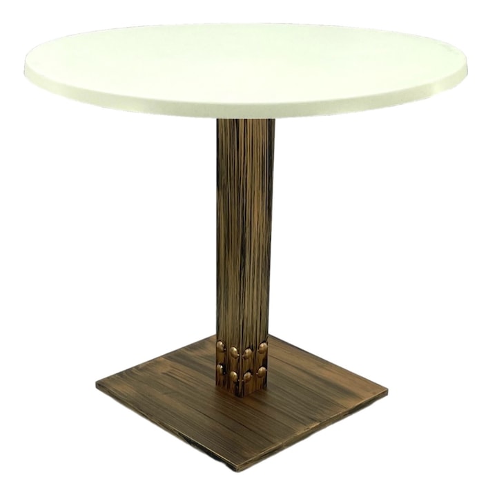 Masa pentru restaurant rotunda Raki Uni Art, D80xh74cm, blat werzalit si picior metalic cu baza patrata aspect vintage bronz antichizat
