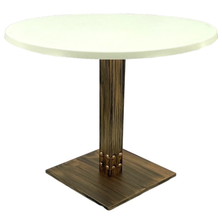 Masa pentru restaurant rotunda Raki Uni Art, D90xh74cm, blat werzalit si picior metalic cu baza patrata aspect vintage bronz antichizat