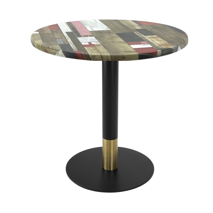 Masa bistro rotunda Raki Redden Wood, D60xh74cm, blat werzalit si picior metalic cu baza rotunda negru/auriu