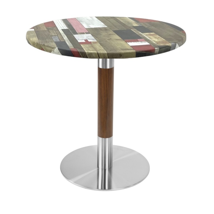 Masa bistro rotunda Raki Redden Wood, D60xh74cm, blat werzalit si picior metalic cu baza rotunda argintiu cu accente aspect lemn