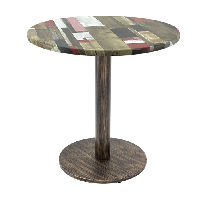 Masa bistro rotunda Raki Redden Wood, D60xh74cm, blat werzalit si picior metalic cu baza rotunda aspect vintage bronz antichizat