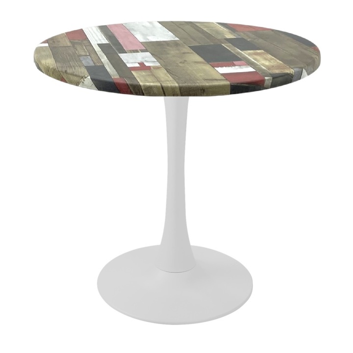 Masa rotunda pentru cofetarie Raki Redden Wood, D70xh74cm, blat werzalit si picior central metalic alb cu baza rotunda 50cm