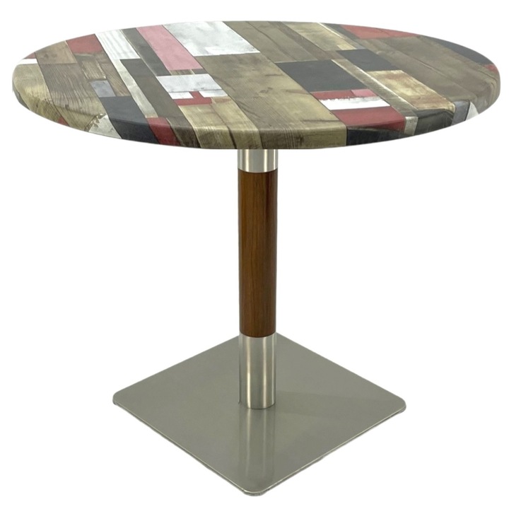 Masa rotunda pentru restaurant Raki Redden Wood, D80xh74cm, blat werzalit si picior metalic cu baza patrata argintiu cu accente aspect lemn