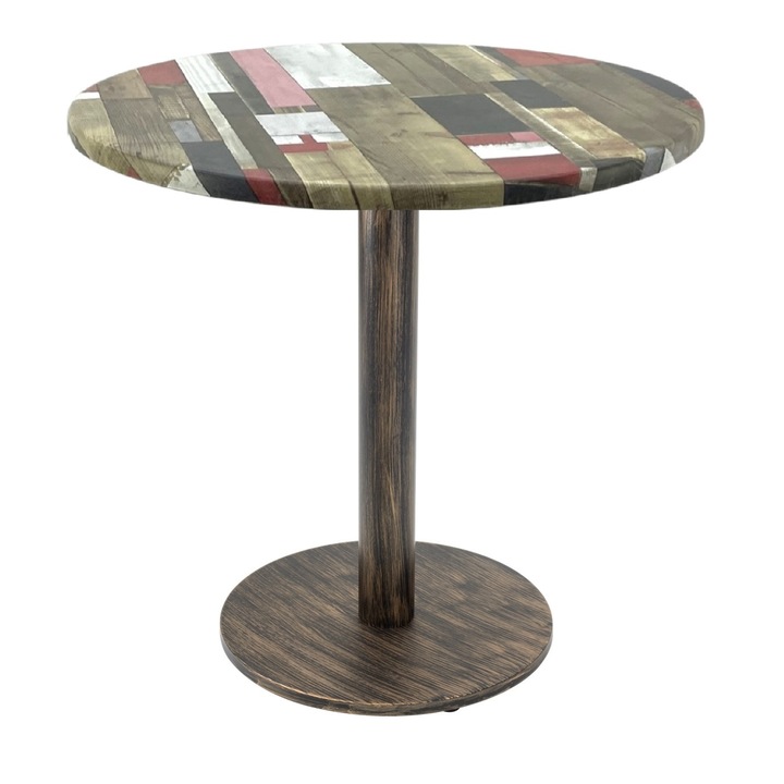 Masa rotunda pentru cofetarie Raki Redden Wood, D70xh74cm, blat werzalit si picior metalic cu baza rotunda aspect vintage bronz antichizat