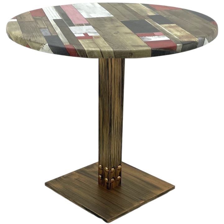 Masa rotunda pentru restaurant Raki Redden Wood, D80xh74cm, blat werzalit si picior metalic cu baza patrata aspect vintage bronz antichizat