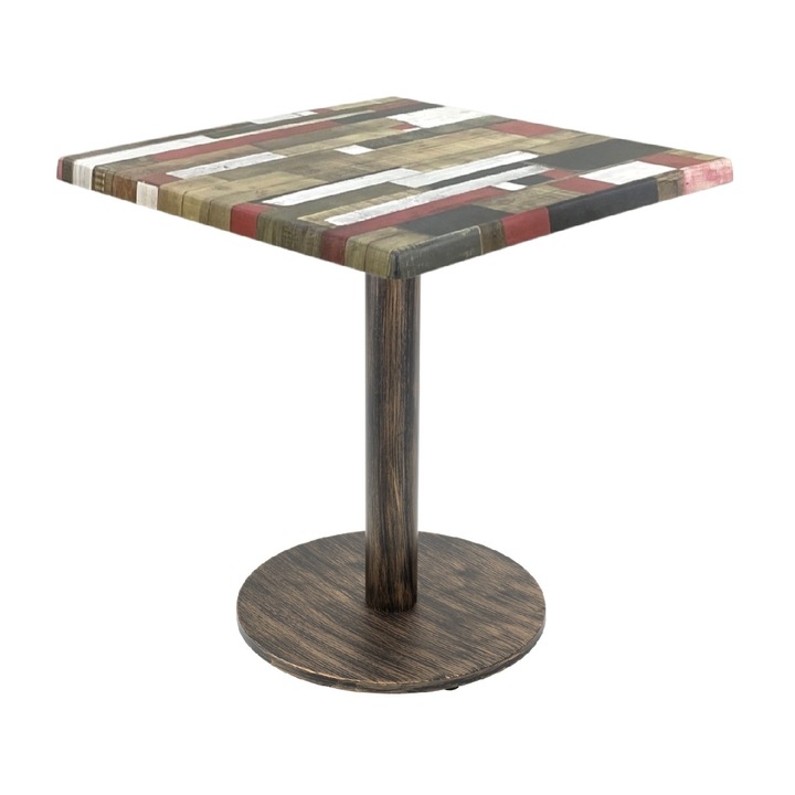 Masa restaurant/cafenea/bistro patrata Raki Redden Wood, 70x70xh74cm, blat werzalit si picior metalic cu baza rotunda aspect vintage bronz antichizat