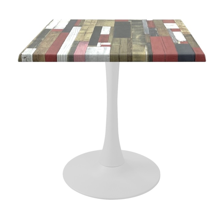 Masa restaurant/cafenea/bistro patrata Raki Redden Wood, 70x70xh74cm, blat werzalit si picior central metalic alb cu baza rotunda 50cm