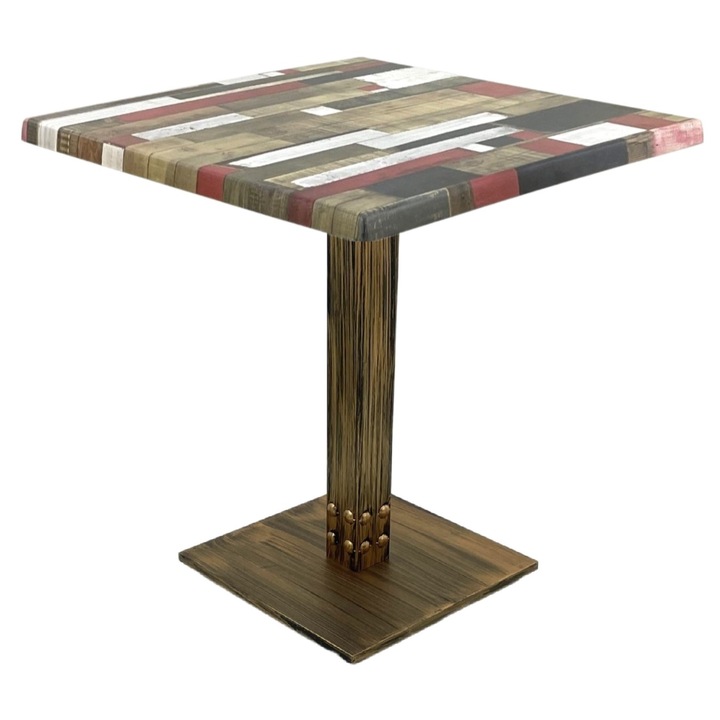 Masa restaurant/cafenea/bistro patrata Raki Redden Wood, 80x80xh74cm, blat werzalit si picior metalic cu baza patrata aspect vintage bronz antichizat