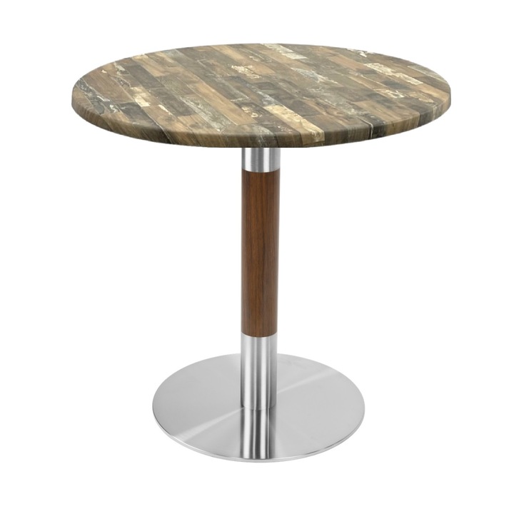 Masa bistro rotunda Raki Maracaibo, D60xh74cm, blat werzalit si picior metalic cu baza rotunda argintiu cu accente aspect lemn