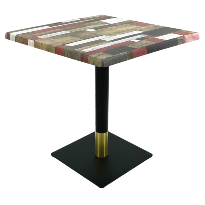 Masa restaurant/cafenea/bistro patrata Raki Redden Wood, 80x80xh74cm, blat werzalit si picior metalic negru/auriu