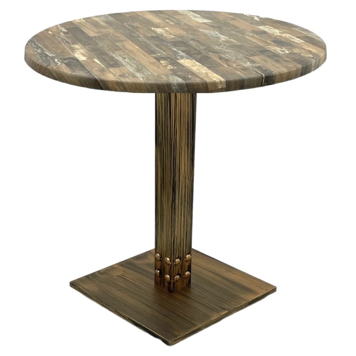 Masa rotunda bistro Raki Maracaibo, D70xh74cm, blat werzalit si picior metalic cu baza patrata aspect vintage bronz antichizat