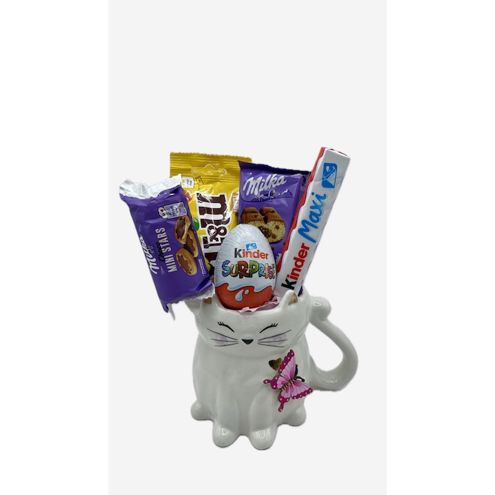 Cadou cana pisica cu dulciuri AtelierPerfectionM&A cu prajitura pufoasa Milka cu crema fina de ciocolata si alte gustari dulci