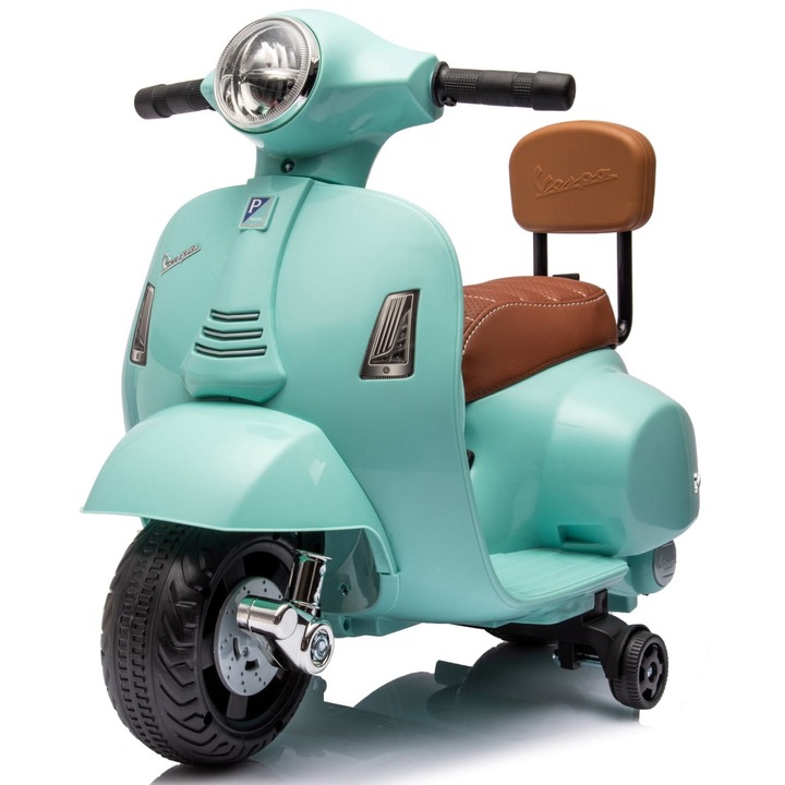 Scuter pentru copii, Sun Baby, Vespa, pe baterie, 68x38x52 cm, 18 luni+, cu suport, turcoaz