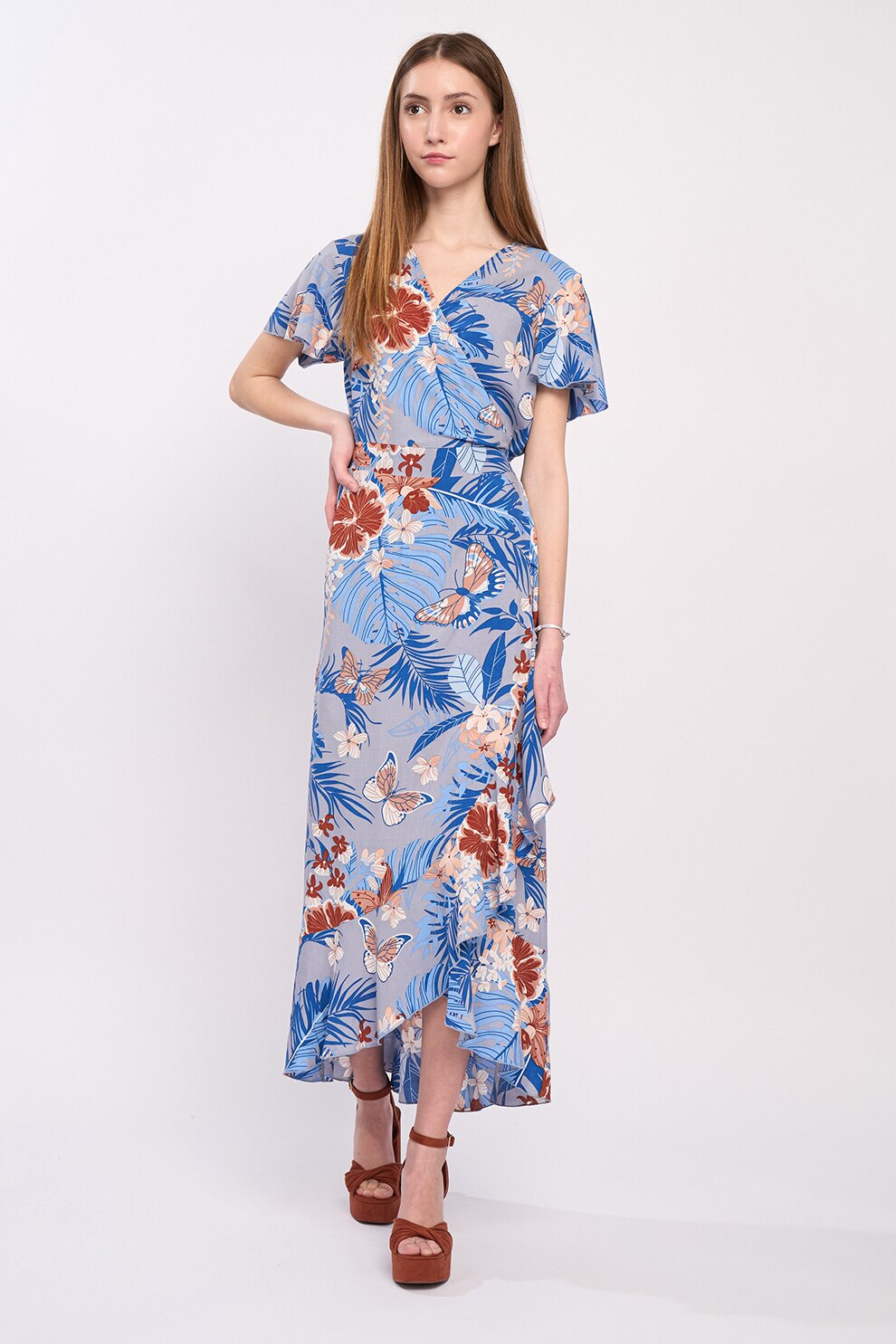 Timeout, Rochie petrecuta cu imprimeu tropical, Maro, Albastru, XS
