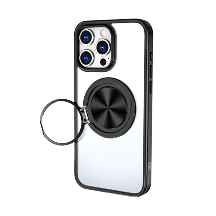 Husa pentru iPhone 15, KINSI, Cu stand rotativ la 360°, incarcare Magsafe, Silicon, Negru