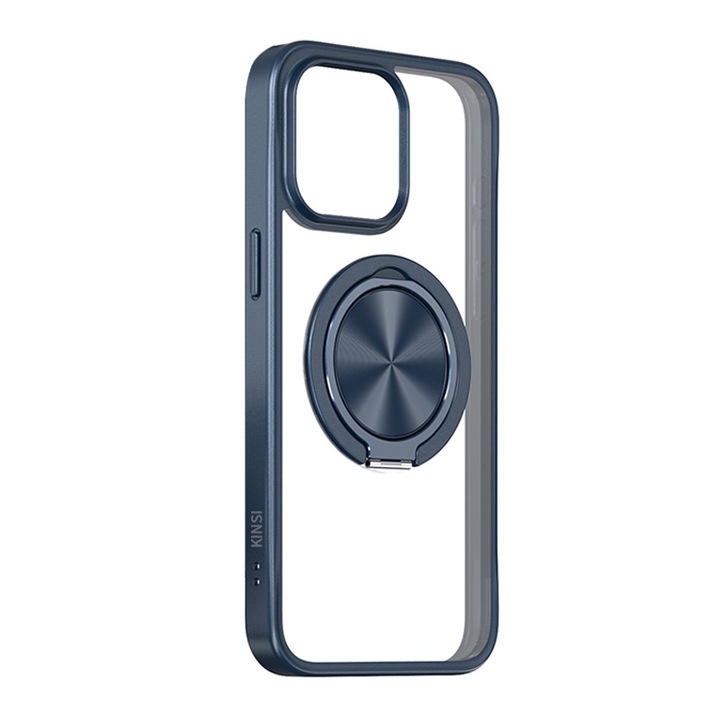 Husa pentru iPhone 15 Pro, KINSI, Cu stand rotativ la 360°, incarcare Magsafe, Silicon, albastru