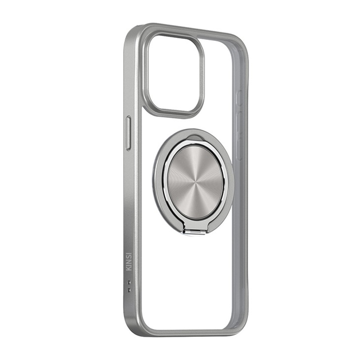 Husa pentru iPhone 15 Pro, KINSI, Cu stand rotativ la 360°, incarcare Magsafe, Silicon, gri