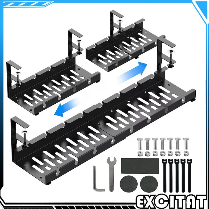 Organizator cabluri sub masa, Excitat®, Rezistent la rugina, Usor de instalat, Cu accesorii, retractabil de 30-55 cm, metal robust, pentru biroul acasa, Negru