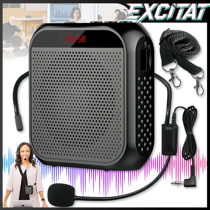 Amplificator de Voce portabil, Excitat®, 2200 mAh, Usb, Include microfon cu fi si curea de talie, Fara zgomot, Potrivit pentru activitati in aer liber, predare, conferinte si instruiri, Negru
