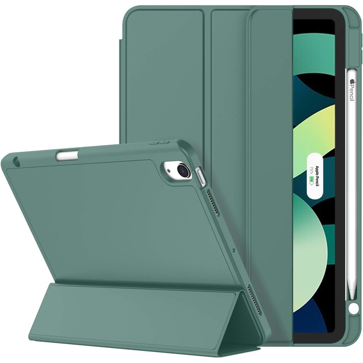 Калъф iPad Air 11 инча M2 2024 с държач за молив [автоматично заспиване/събуждане], калъф с тройна стойка, тъмнозелен