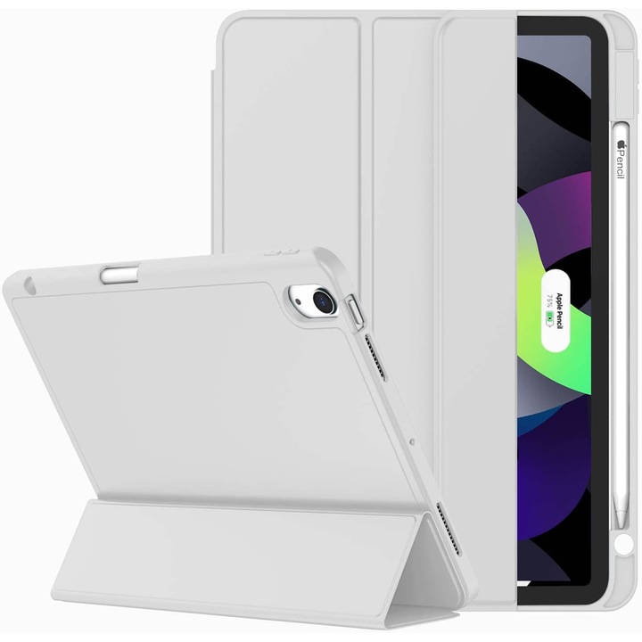 Калъф за iPad Air 11 инча M2 2024 с държач за молив [автоматично заспиване/събуждане], калъф с тройна стойка, светло сив
