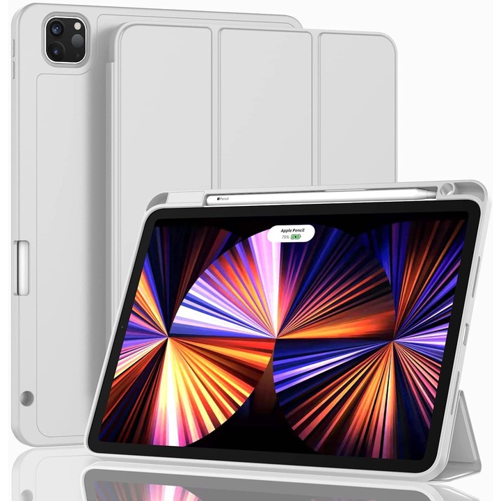 Калъф за iPad Pro 11 инча (M4, 5-то поколение 2024) с държач за молив, автоматично събуждане/заспиване, стойка за зареждане на молив, светлосив
