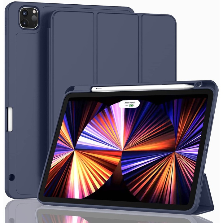 Калъф за iPad Pro 11 инча (M4, 5-то поколение 2024) с държач за молив, автоматично събуждане/заспиване, стойка за зареждане на молив, тъмносин