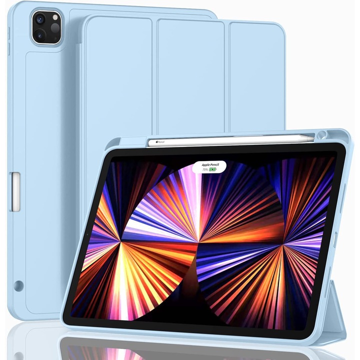 Калъф за iPad Pro 11 инча (M4, 5-то поколение 2024) с държач за молив, автоматично събуждане/заспиване, стойка за зареждане на стилус, светлосин