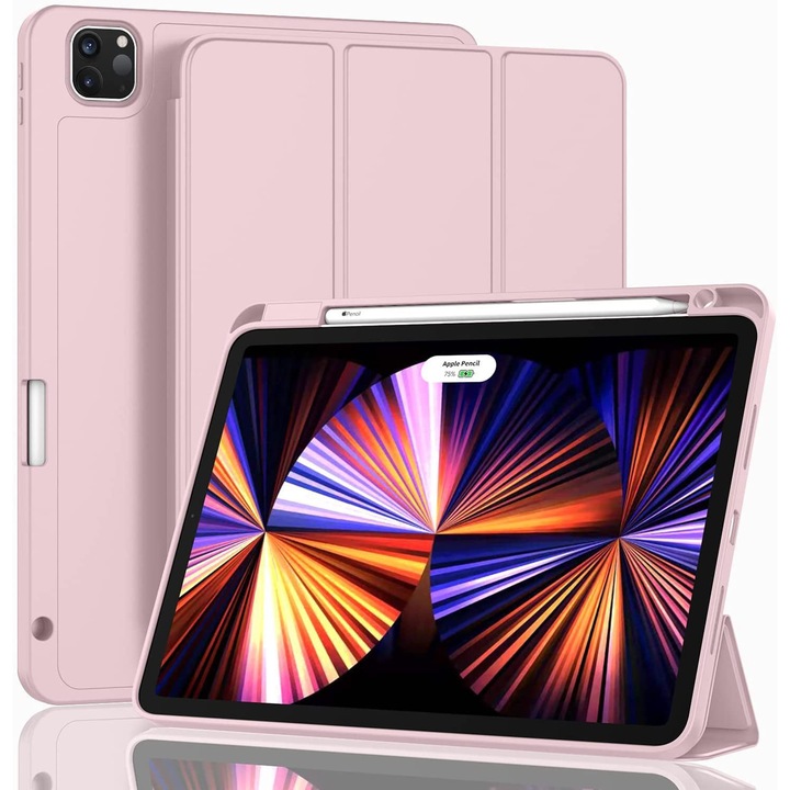 Калъф iPad Pro 13 инча M4 2024 7-мо поколение с държач за молив, поддържа Apple Pencil 2 / Pro, мек TPU гръб, розов
