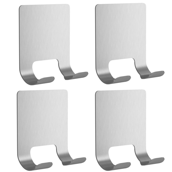 Комплект от 4 залепващи закачалки Zggzerg, без пробиване на стени, водоустойчиви, устойчиви на ръжда, лесни за инсталиране, подходящи за баня и тоалетна, кухня и врата, 4,5 x 5,7 см, матово сребрист