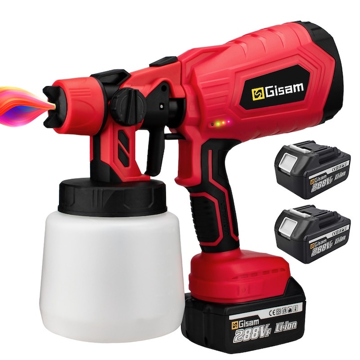 Elektromos Gisam festékpisztoly, 210W, 3 permetezési mód, kék/piros, 1000ml, 2 db 4Ah akkumulátor készlet