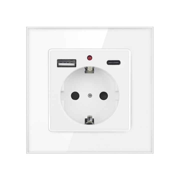 Priza simpla, SINBINTA, 5V 2.1A, 250V, 20W, Curent maxim de sarcina 16A, Cu indicator luminos, Rama din sticla, USB A+TypeC, Cel incastrat, Pentru aparatele electrocasnice conventionale, ABS, 86 x 86mm, Alb