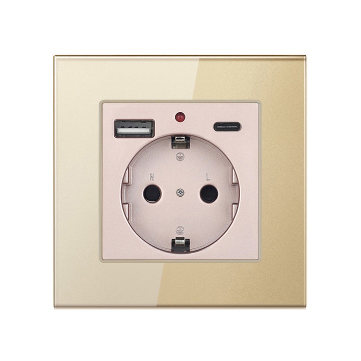 SINBINTA обикновен контакт, 5V 2.1A, 250V, 20W, Максимален ток на натоварване 16A, Със светлинен индикатор, Стъклена рамка, USB A+TypeC, Вграден, За конвенционални домакински уреди, ABS, 86 x 86 mm, Златист