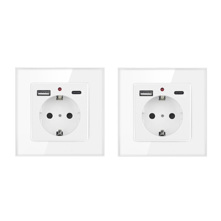 Комплект от 2 обикновени контакта, SINBINTA, 5V 2.1A, 250V, 20W, Максимален ток на натоварване 16A, Със светлинен индикатор, Стъклена рамка, USB A+TypeC, Вграден, За конвенционални домакински уреди, ABS, 86 x 86 mm, Бял
