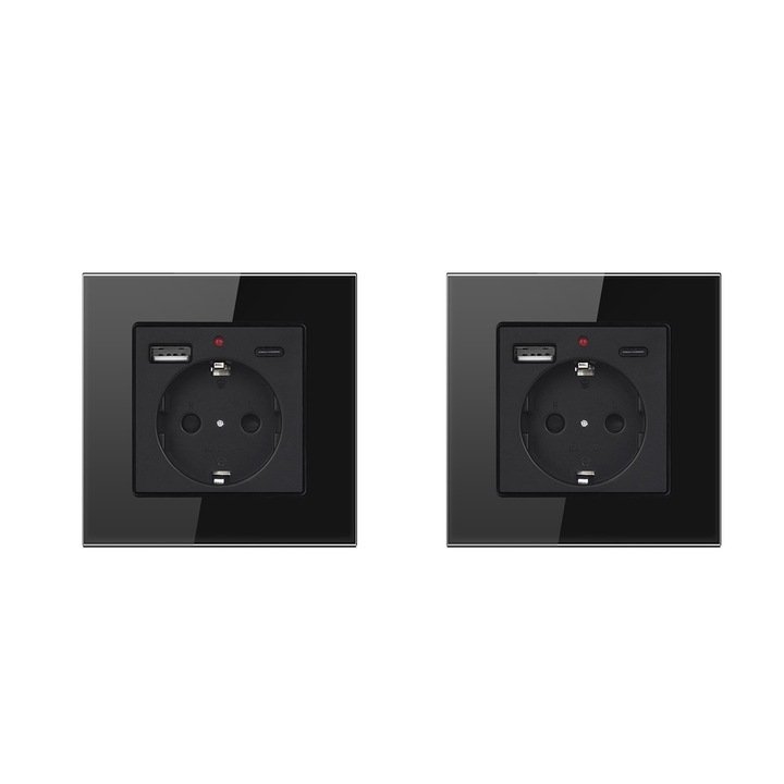 Set 2 Priza simpla, SINBINTA, 5V 2.1A, 250V, 20W, Curent maxim de sarcina 16A, Cu indicator luminos, Rama din sticla, USB A+TypeC, Cel incastrat, Pentru aparatele electrocasnice conventionale, ABS, 86 x 86mm, Negru