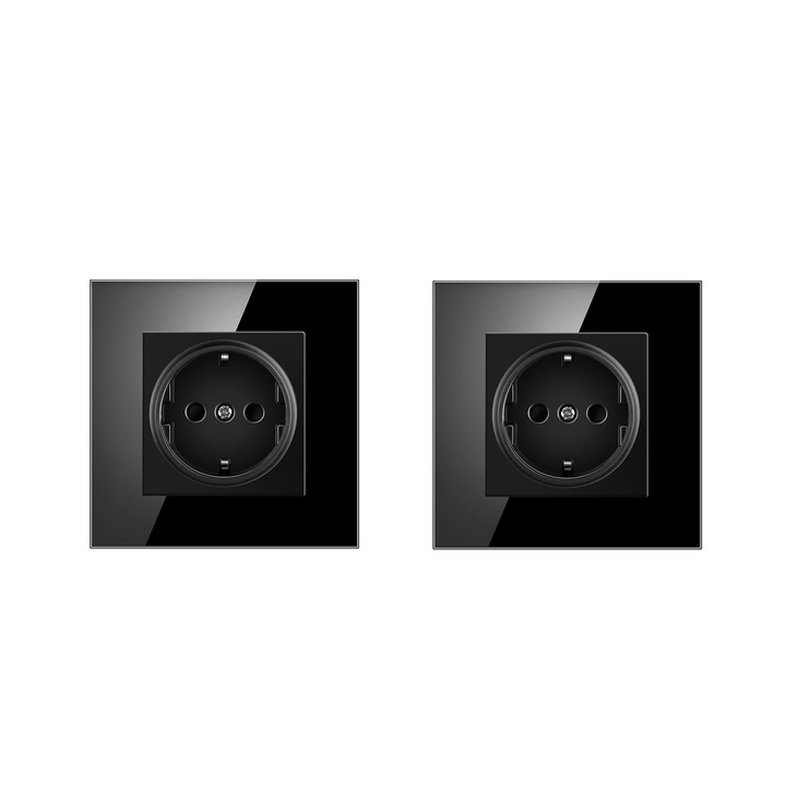 Комплект от 2 обикновени контакта, SINBINTA, 16A, 220V-250V, 50/60HZ, Стъклена рамка, Защита от деца, Два метода на монтаж, за семейства, офиси, хотели, болници, фабрики, ABS, 86 x 86 mm, Черен