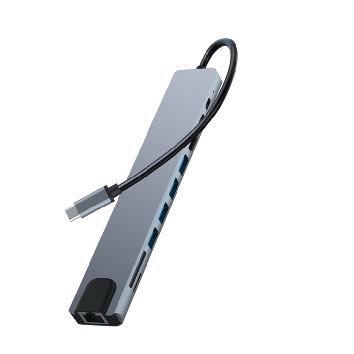 Адаптер Hub Multiport 10 в 1, SINBINTA, USB Type-C към HDMI 4K / 30Hz, PD 100W порт за зареждане, LAN RJ45 Ethernet, SD/TF четец на карти, 3 USB 2.0, USB 3.0, USB C, поддържа Windows, Mac OS, Chrome OS, алуминиева сплав, 18 x 3 x 1 см, сребро