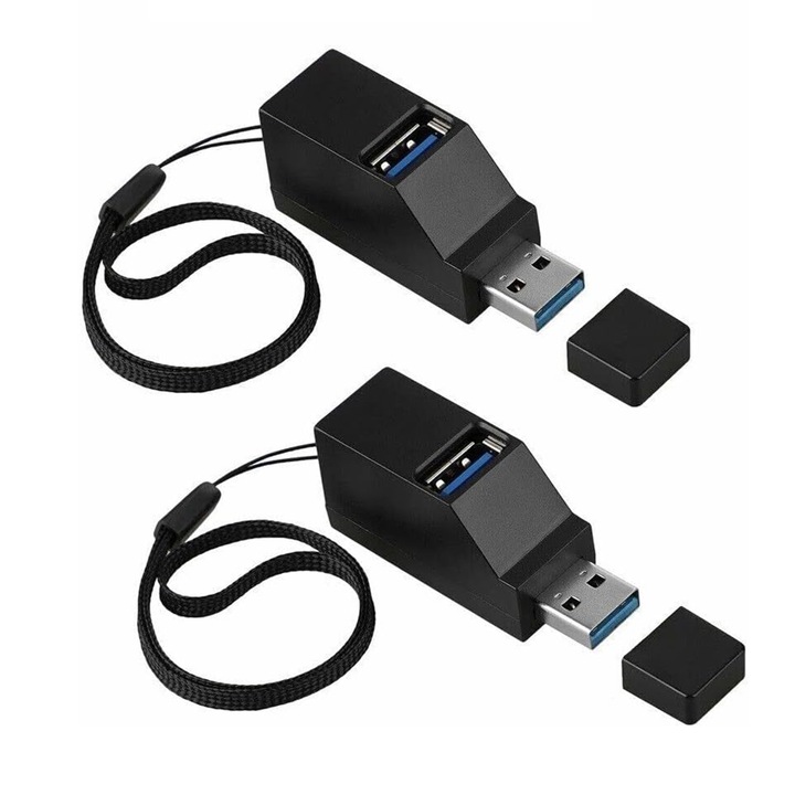 Set 2 USB Hub, SINBINTA, 3.0 High Speed, 1 Port USB 3.0, 2 Port USB 2.0, Compact, Disiparea caldurii, compatibil cu Windows 7/8/10, Mac OS, Pentru conectarea hard disk-urilor mobile, discuri U, camere digitale, scanereABS, 44.5 x 22 x 18mm, Negru