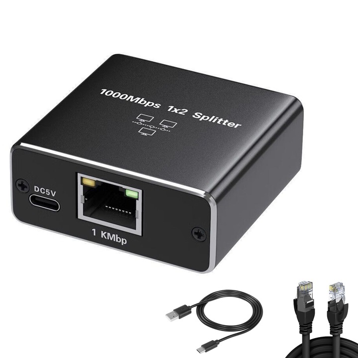 Мрежов сплитер, SINBINTA, RJ45 1000Mbps, 1 в 2 изход, Със 100 см мрежов кабел, USB захранване, Съвместим с Ethernet мрежови кабели Cat 7 Cat6 Cat5 Cat5e, За суичове, телевизори, рутери, Алуминиева сплав, 5,7 x 5,3 x 2,1 cm, черен