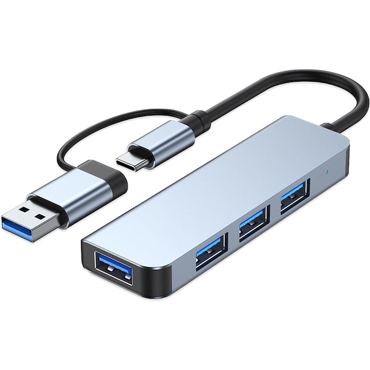 4 в 1 мултипортов хъб адаптер, SINBINTA, 3 USB 2.0 порта, 1 USB 3.0 порт, USB и тип C 2 в 1, LAN RJ45 Ethernet, термична производителност, за HP лаптоп, Lenovo, Macbook, Dell, таблет, алуминиева сплав, 9 x 2,8 см, сребро
