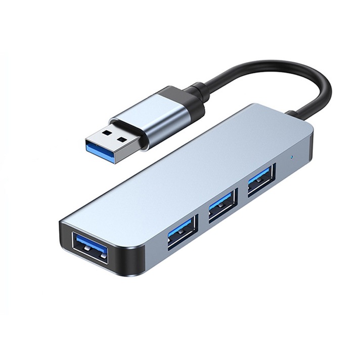 4 в 1 мултипортов хъб адаптер, SINBINTA, 3 USB 2.0 порта, 1 USB 3.0 порт, USB A, LAN RJ45 Ethernet, термична производителност, за лаптоп HP, Lenovo, Macbook, Dell, таблет, алуминиева сплав, 9 x 2,8 см, сребрист