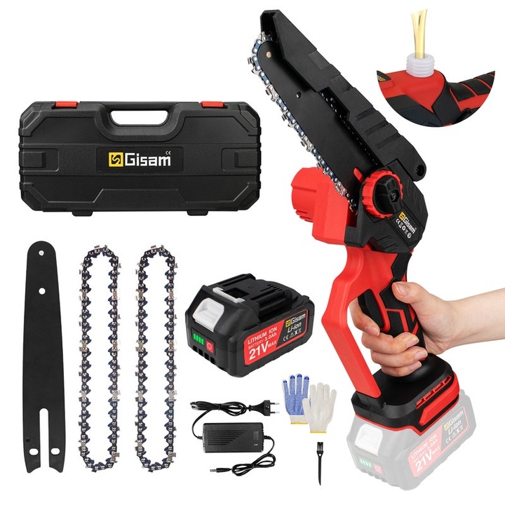 Gisam láncfűrész, kefe nélküli motor, 3000 W, 6 hüvelykes, hordozható, akkumulátorkészlet, ezüst