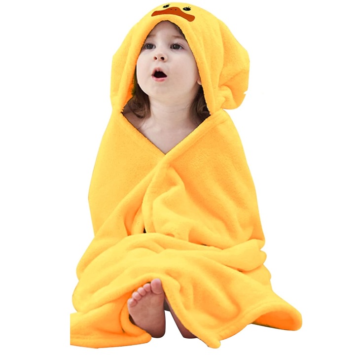 Prosop De Baie, Zggzerg, Potrivit pentru copii de 80-130cm, Cu rata gluga atasata, Stil poncho, Rezistent la vant si cald, Super absorbant, Moale si prietenos cu pielea, Uscare rapida, Lana de corali, 70 x 140cm, Galben inchis