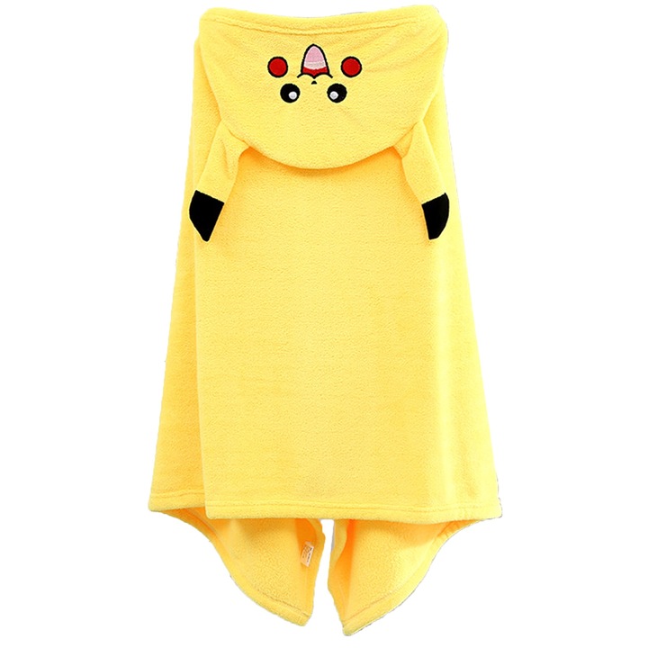 Prosop De Baie, Zggzerg, Potrivit pentru copii de 80-130cm, Cu pikachu gluga atasata, Stil poncho, Rezistent la vant si cald, Super absorbant, Moale si prietenos cu pielea, Uscare rapida, Lana de corali, 70 x 140cm, Galben